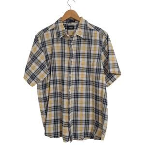 Haggar mens button up shirt size L yellow blue plaid short sleeve